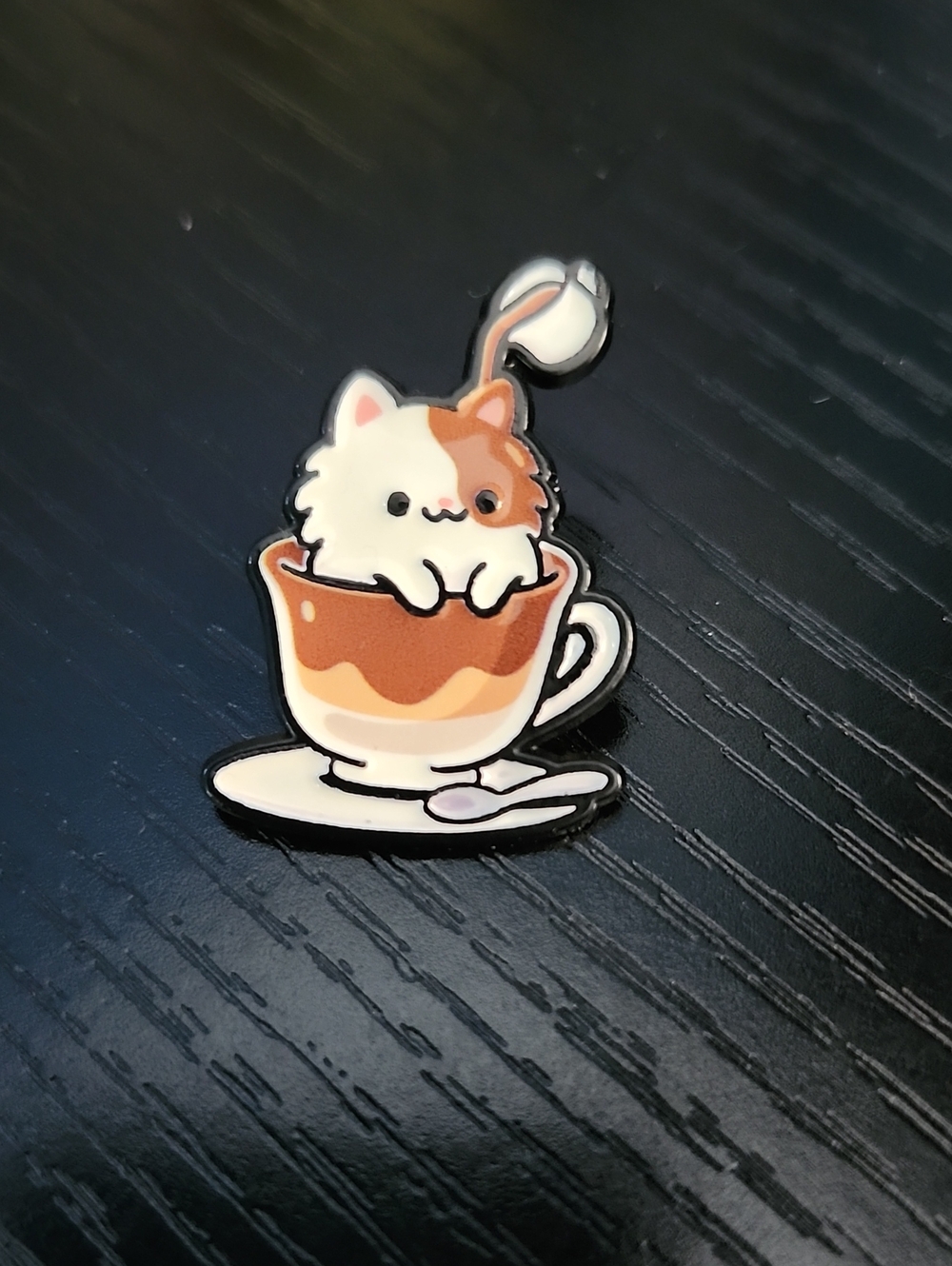 Cappuccino Cute White and Brown Cat in Teacup Enamel Pin - Pets Cat Accessory